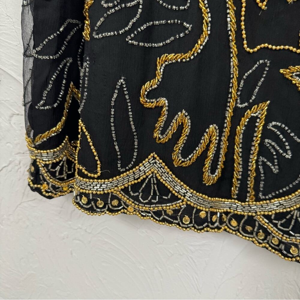 Vintage Black Silk Fully Beaded Formal Blouse Womens 2X Gold & Silver Glam - Picture 2 of 12